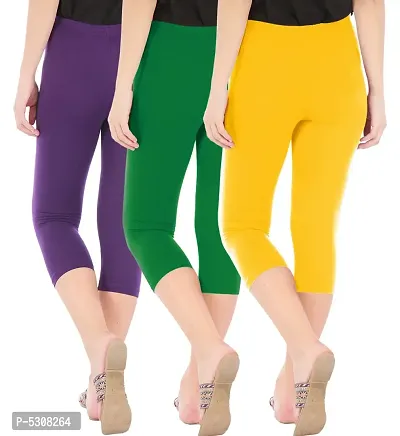 Combo Pack of 3 Skinny Fit 3/4 Capris Leggings for Women  Purple Jade Green Golden Yellow-thumb3