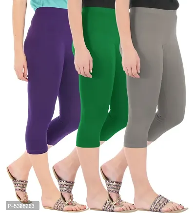 Combo Pack of 3 Skinny Fit 3/4 Capris Leggings for Women  Purple  Jade Green  Ash-thumb2