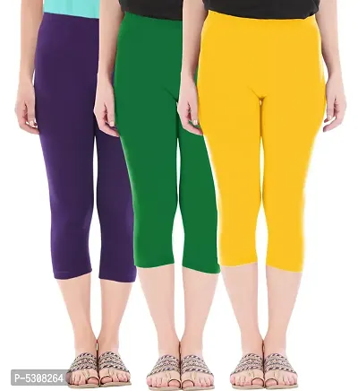 Combo Pack of 3 Skinny Fit 3/4 Capris Leggings for Women  Purple Jade Green Golden Yellow