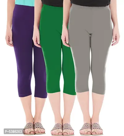 Combo Pack of 3 Skinny Fit 3/4 Capris Leggings for Women  Purple  Jade Green  Ash