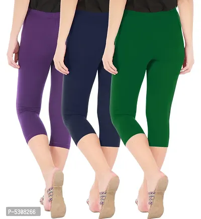 Combo Pack of 3 Skinny Fit 3/4 Capris Leggings for Women  Purple Navy Bottle Green-thumb3