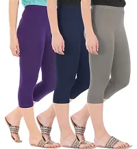 Combo Pack of 3 Skinny Fit 3/4 Capris Leggings for Women  Purple Navy Ash-thumb1