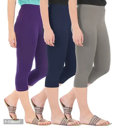 Combo Pack of 3 Skinny Fit 3/4 Capris Leggings for Women  Purple Navy Ash-thumb2