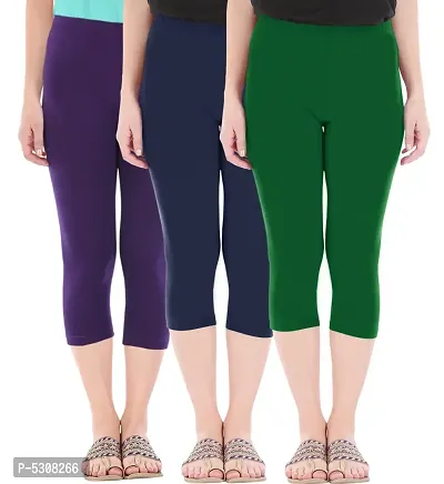Combo Pack of 3 Skinny Fit 3/4 Capris Leggings for Women  Purple Navy Bottle Green