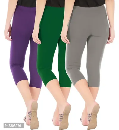 Combo Pack of 3 Skinny Fit 3/4 Capris Leggings for Women  Purple Bottle Green Ash-thumb3