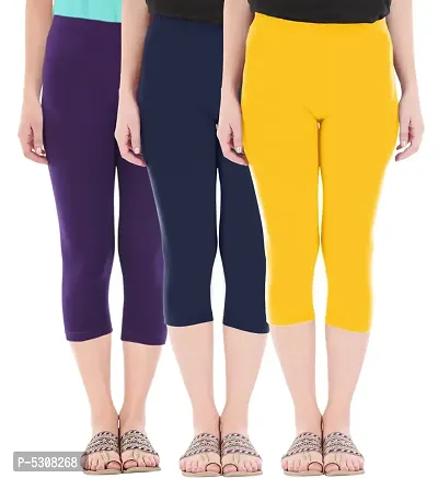 Combo Pack of 3 Skinny Fit 3/4 Capris Leggings for Women  Purple Navy Golden Yellow