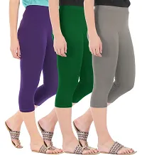 Combo Pack of 3 Skinny Fit 3/4 Capris Leggings for Women  Purple Bottle Green Ash-thumb1