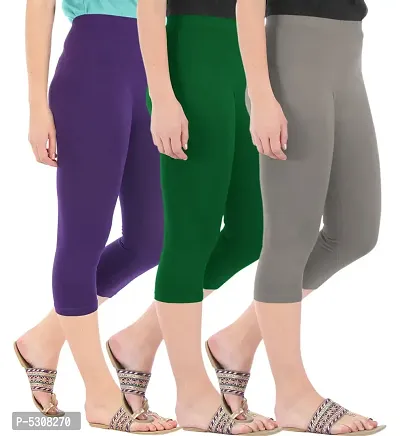 Combo Pack of 3 Skinny Fit 3/4 Capris Leggings for Women  Purple Bottle Green Ash-thumb2
