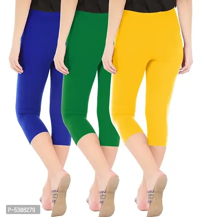 Combo Pack of 3 Skinny Fit 3/4 Capris Leggings for Women  Royal Blue Jade Green Golden Yellow-thumb3