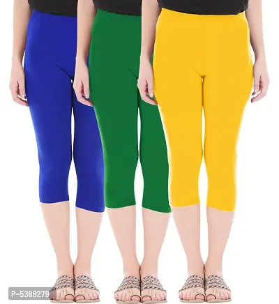 Combo Pack of 3 Skinny Fit 3/4 Capris Leggings for Women  Royal Blue Jade Green Golden Yellow