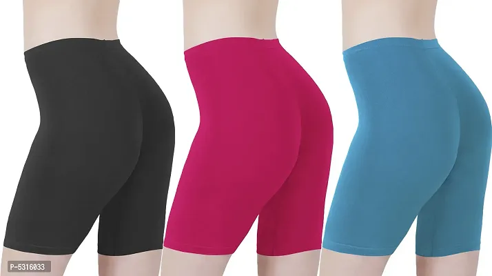 Cotton Lycra Tight Fit Stretchable Cycling Shorts Womens | Shorties for Active wear / Exercise/ Workout / Yoga/ Gym/ Cycle / Running ( Pack of 3)-thumb3