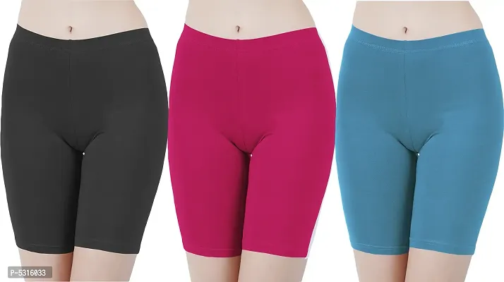 Cotton Lycra Tight Fit Stretchable Cycling Shorts Womens | Shorties for Active wear / Exercise/ Workout / Yoga/ Gym/ Cycle / Running ( Pack of 3)