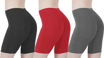Cotton Lycra Tight Fit Stretchable Cycling Shorts Womens | Shorties for Active wear / Exercise/ Workout / Yoga/ Gym/ Cycle / Running ( Pack of 3)-thumb2