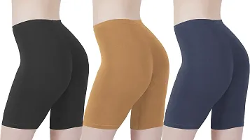 Cotton Lycra Tight Fit Stretchable Cycling Shorts Womens | Shorties for Active wear / Exercise/ Workout / Yoga/ Gym/ Cycle / Running ( Pack of 3)-thumb2