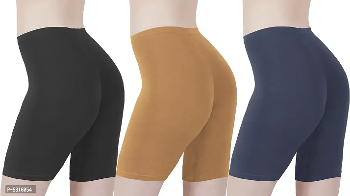 Cotton Lycra Tight Fit Stretchable Cycling Shorts Womens | Shorties for Active wear / Exercise/ Workout / Yoga/ Gym/ Cycle / Running ( Pack of 3)-thumb3