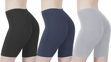 Cotton Lycra Tight Fit Stretchable Cycling Shorts Womens | Shorties for Active wear / Exercise/ Workout / Yoga/ Gym/ Cycle / Running ( Pack of 3)-thumb2