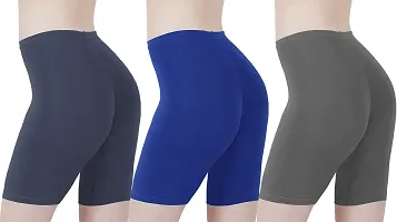 Cotton Lycra Tight Fit Stretchable Cycling Shorts Womens | Shorties for Active wear / Exercise/ Workout / Yoga/ Gym/ Cycle / Running ( Pack of 3)-thumb2