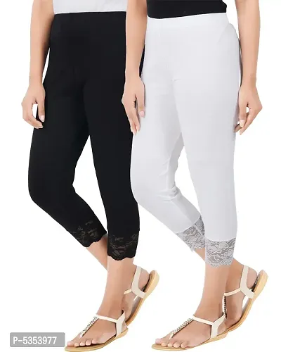 Reliable Cotton Blend Solid Skinny Fit 3/4 Capris Leggings For Women-Pack of 2-thumb2