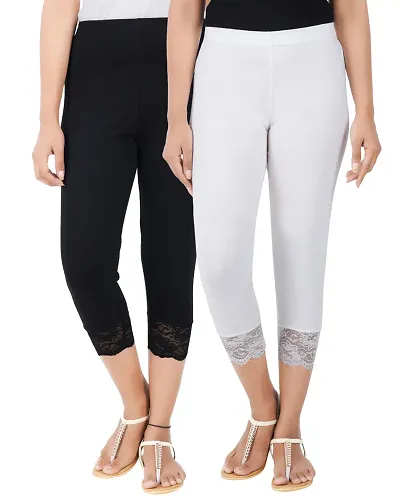 Trendy Women's Cotton Blend Solid Skinny Fit 3/4 Capris Leggings (Pack of 2)