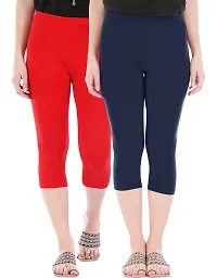 Befli Womens Skinny Fit 3/4 Capris Leggings Combo Pack of 2 Red Navy-thumb1