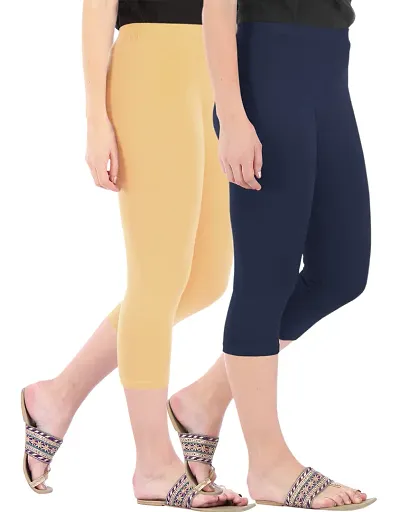Trendy Women's Cotton Blend Solid Skinny Fit 3/4 Capris Leggings (Pack of 2)