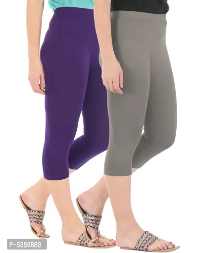 Befli Womens Skinny Fit 3/4 Capris Leggings Combo Pack of 2 Purple Ash