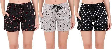 Stylish Cotton Printed Knee Length Loungwear Shorts For Women - Pack Of 3
