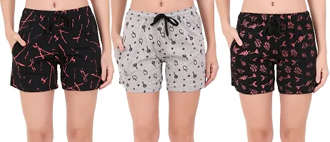 Stylish Cotton Printed Knee Length Loungwear Shorts For Women - Pack Of 3