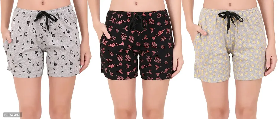 Stylish Cotton Printed Regular Lounge Night Shorts Combo For Women- Pack Of 3