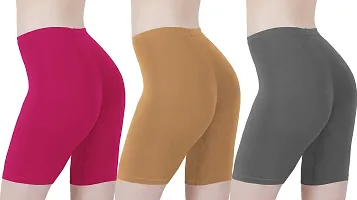 Buy That Trendz Cotton Tight Fit Lycra Stretchable Cycling Shorts Womens | Shorties for Active wear/Exercise/Workout/Yoga/Gym/Cycle/Running Rani Pink Light Skin Khaki Combo Pack of 3-thumb2