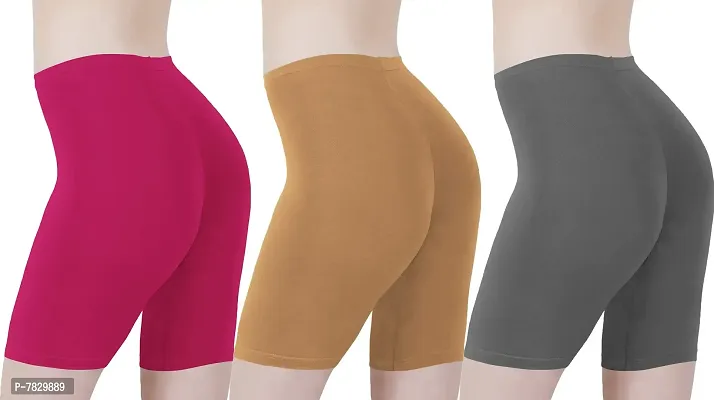 Buy That Trendz Cotton Tight Fit Lycra Stretchable Cycling Shorts Womens | Shorties for Active wear/Exercise/Workout/Yoga/Gym/Cycle/Running Rani Pink Light Skin Khaki Combo Pack of 3-thumb3