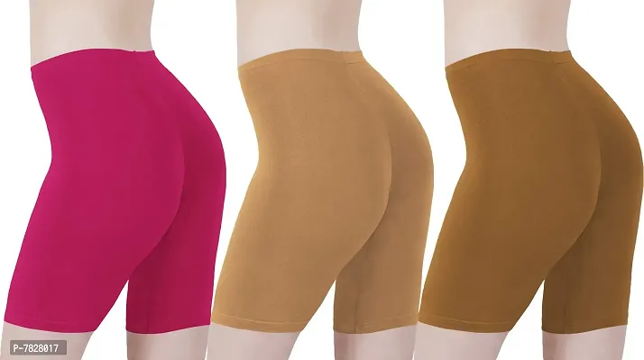 Buy That Trendz Cotton Tight Fit Lycra Stretchable Cycling Shorts Womens | Shorties for Active wear/Exercise/Workout/Yoga/Gym/Cycle/Running Rani Pink Light Skin Khaki Combo Pack of 3-thumb3