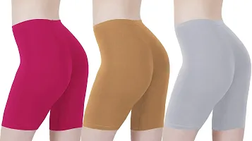 Buy That Trendz Cotton Tight Fit Lycra Stretchable Cycling Shorts Womens | Shorties for Active wear/Exercise/Workout/Yoga/Gym/Cycle/Running Rani Pink Light Skin Khaki Combo Pack of 3-thumb2