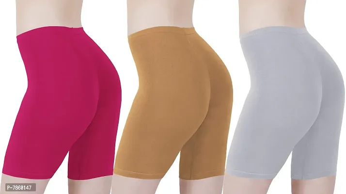 Buy That Trendz Cotton Tight Fit Lycra Stretchable Cycling Shorts Womens | Shorties for Active wear/Exercise/Workout/Yoga/Gym/Cycle/Running Rani Pink Light Skin Khaki Combo Pack of 3-thumb3