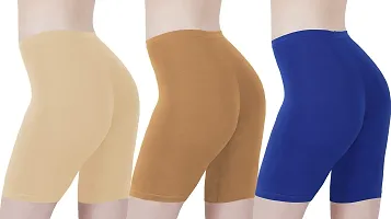 Buy That Trendz Cotton Lycra Tight Fit Stretchable Cycling Shorts Womens|Shorties for Exercise/Workout/Yoga/Gym/Cycle/Active wear Running Light Skin Navy Royal Blue Combo Pack of 3-thumb2