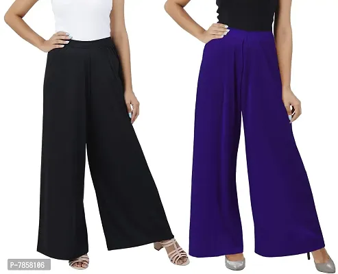 Buy That Trendz M to 6XL Cotton Viscose Loose Fit Flared Wide Leg Palazzo Pants for Women Black Purple Combo Pack of 2 Large-thumb0