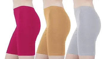 Buy That Trendz Cotton Tight Fit Lycra Stretchable Cycling Shorts Womens | Shorties for Active wear/Exercise/Workout/Yoga/Gym/Cycle/Running Rani Pink Light Skin Khaki Combo Pack of 3-thumb1