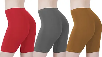 Buy That Trendz Cotton Lycra Tight Fit Stretchable Cycling Shorts Womens|Shorties for Exercise/Workout/Yoga/Gym/Cycle/Active wear Running Red Charcoal Khaki Combo Pack of 3-thumb2