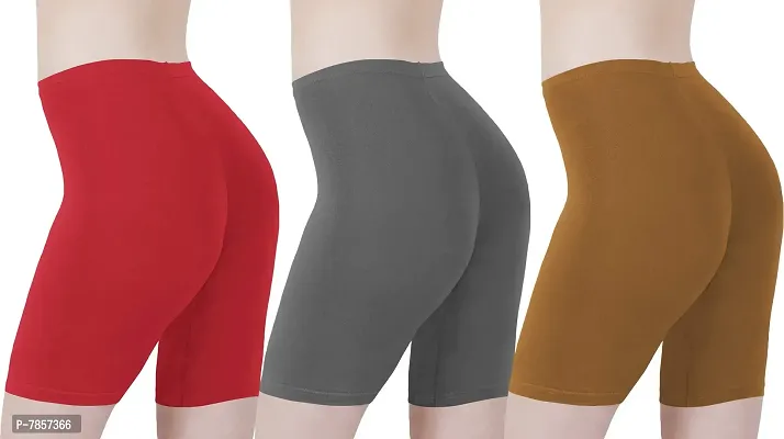 Buy That Trendz Cotton Lycra Tight Fit Stretchable Cycling Shorts Womens|Shorties for Exercise/Workout/Yoga/Gym/Cycle/Active wear Running Red Charcoal Khaki Combo Pack of 3-thumb3