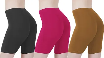 Buy That Trendz Cotton Lycra Tight Fit Stretchable Cycling Shorts Womens | Shorties for Active wear/Exercise/Workout/Yoga/Gym/Cycle/Running White Red Khaki Combo Pack of 3-thumb2