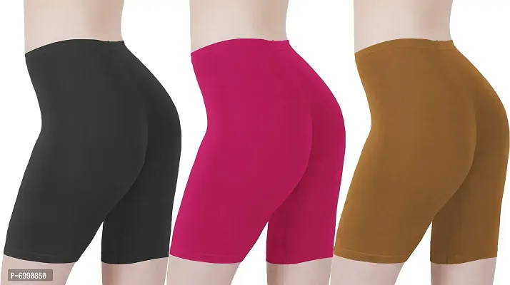 Buy That Trendz Cotton Lycra Tight Fit Stretchable Cycling Shorts Womens | Shorties for Active wear/Exercise/Workout/Yoga/Gym/Cycle/Running White Red Khaki Combo Pack of 3-thumb3