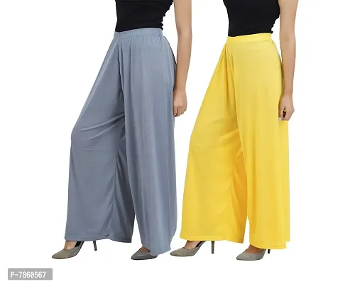 Buy That trendz Womens M to 6XL Cotton Viscose Loose Fit Flared Wide Leg Palazzo Pants for Grey Yellow 2 Pack Combo XXX-Large-thumb2