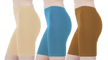 Buy That Trendz Cotton Lycra Tight Fit Stretchable Cycling Shorts Womens|Shorties for Exercise/Workout/Yoga/Gym/Cycle/Active wear Running Light Skin Turquoise Khaki Combo Pack of 3-thumb1