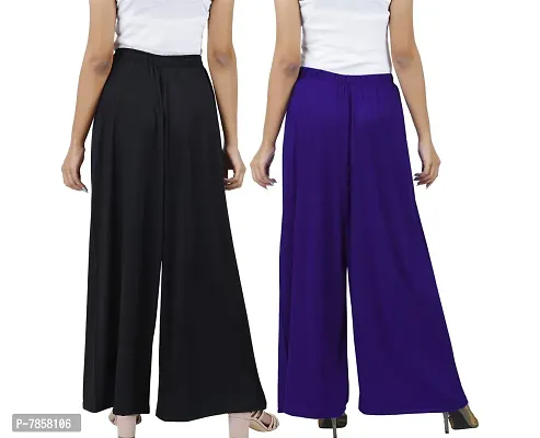Buy That Trendz M to 6XL Cotton Viscose Loose Fit Flared Wide Leg Palazzo Pants for Women Black Purple Combo Pack of 2 Large-thumb3