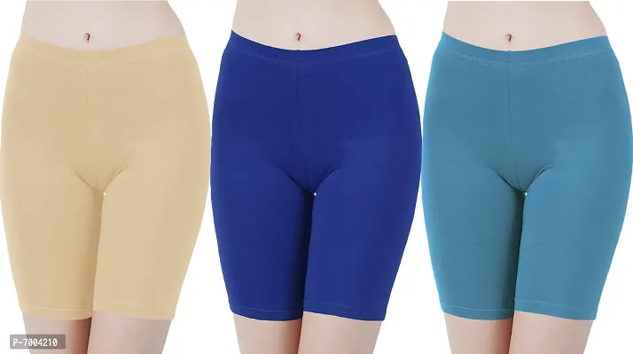 Buy That Trendz Cotton Lycra Tight Fit Stretchable Cycling Shorts Womens|Shorties for Exercise/Workout/Yoga/Gym/Active wear Running Light Skin Royal Blue Turquoise Combo Pack of 3 XX-Large-thumb0