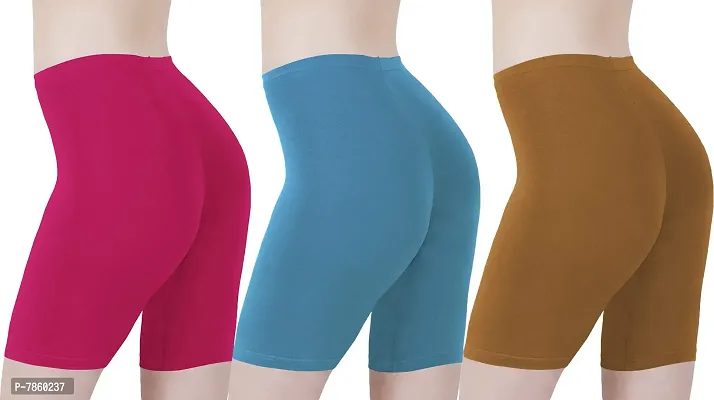 Buy That Trendz Cotton Tight Fit Lycra Stretchable Cycling Shorts Womens | Shorties for Active wear/Exercise/Workout/Yoga/Gym/Cycle/Running Rani Pink Turquoise Khaki Combo Pack of 3 XXX-Large-thumb3