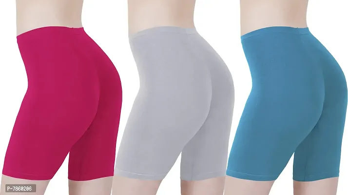 Buy That Trendz Cotton Tight Fit Lycra Stretchable Cycling Shorts Womens | Shorties for Active wear/Exercise/Workout/Yoga/Gym/Cycle/Running Rani Pink Grey Turquoise Combo Pack of 3 Large-thumb3