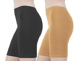 Buy That Trendz Cotton Lycra Tight Fit Stretchable Cycling Shorts Women's | Shorties for Active wear/Exercise/Workout/Yoga/Gym/Cycle/Running Dark Skin Khaki Combo Pack of 2-thumb1