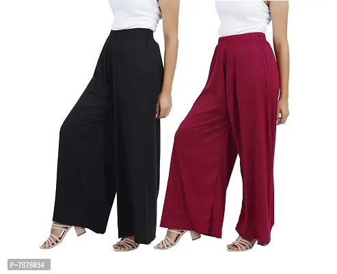 Buy That trendz Womens M to 6XL Cotton Viscose Loose Fit Flared Wide Leg Palazzo Pants for Black Maroon 2 Pack Combo X-Large-thumb2