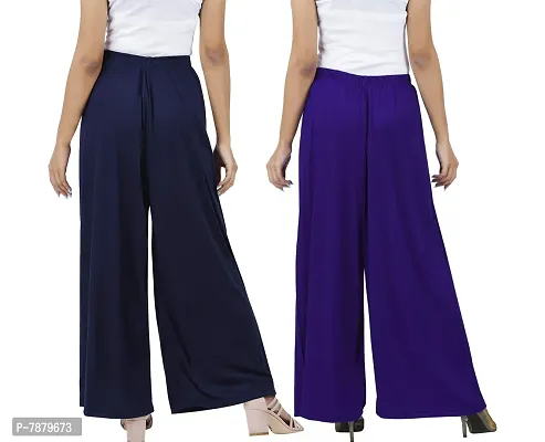 Buy That Trendz M to 6XL Cotton Viscose Loose Fit Flared Wide Leg Palazzo Pants for Women's Navy Purple Combo Pack of 2 Large-thumb3